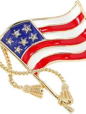 NEW Rhinestone USA Flag Brooch Pin Shiny Crystal 4th of July American Gold